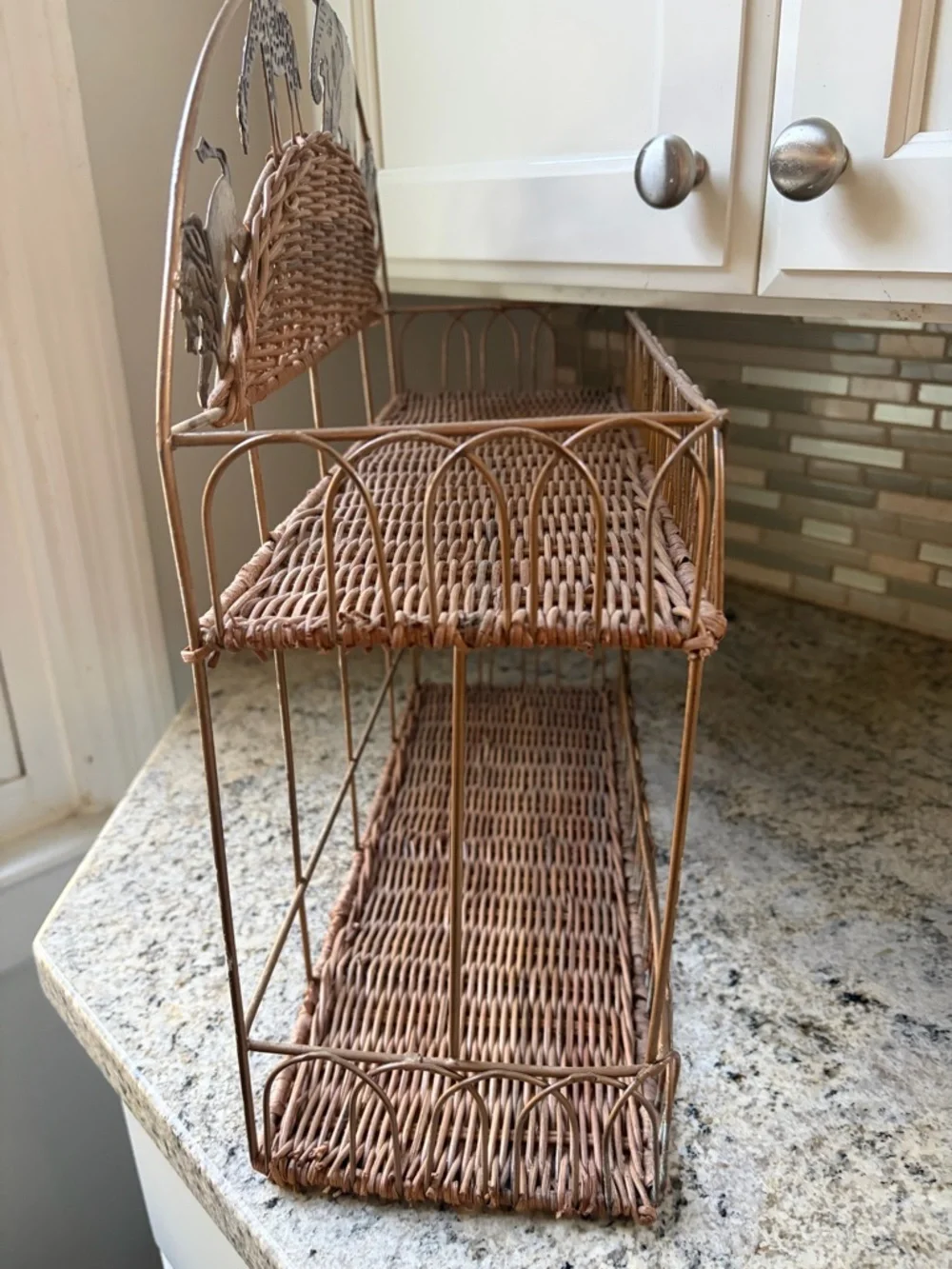 Vintage 2 tier Wicker Rattan and Metal Shelf Safari animal theme